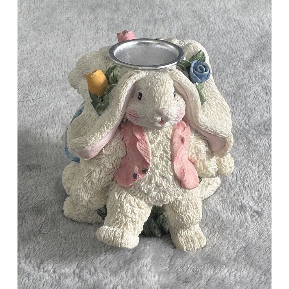 Dept 56 Bunny Tea Light Candle Holder Easter Rabbits Floral Spring Decor